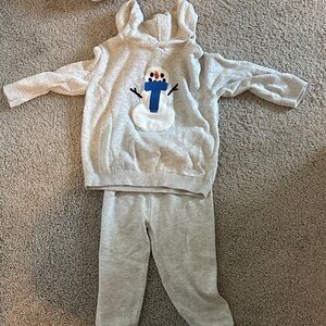 Kids Cozy Grey Snowman Hoodie & Pants Matching Set